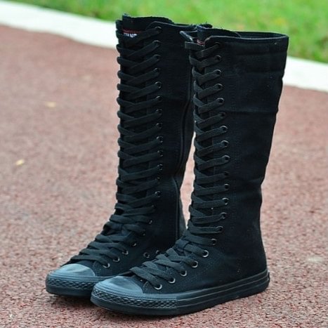Womens Knee High Boots Flat Ankle Snow Dance Lace Up Canvas Long Boots Plus Size Color Black White Boots