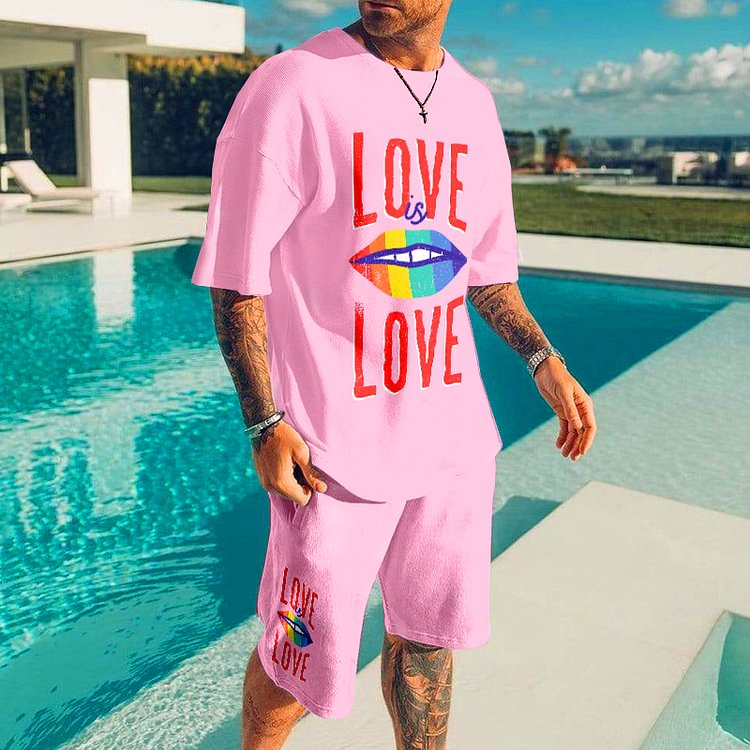 BrosWear Love Is Love Pink Print T-Shirt And Shorts Two-Piece Set