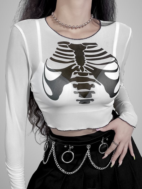 Gothic Dark Skeleton Printed Piping See-through Mesh Long Sleeve Midriff Top