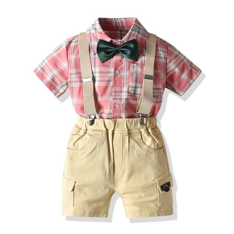 Checked Short Sleeve Shirt Bowtie Shorts Summer Baby Little Boys Suits-Mayoulove