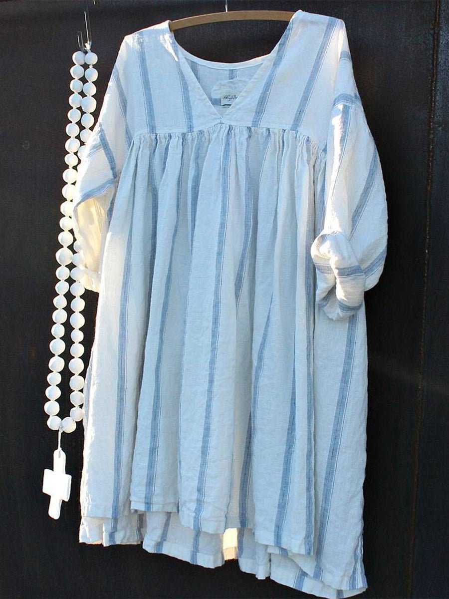 Womens Solid Color Balloon Sleeves Casual Linen Dress