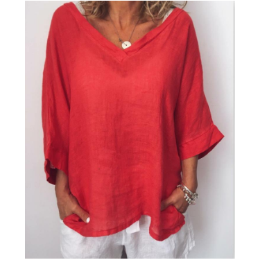 Plus Size Casual Solid V Neck 3/4 Sleeve Tops-Mayoulove