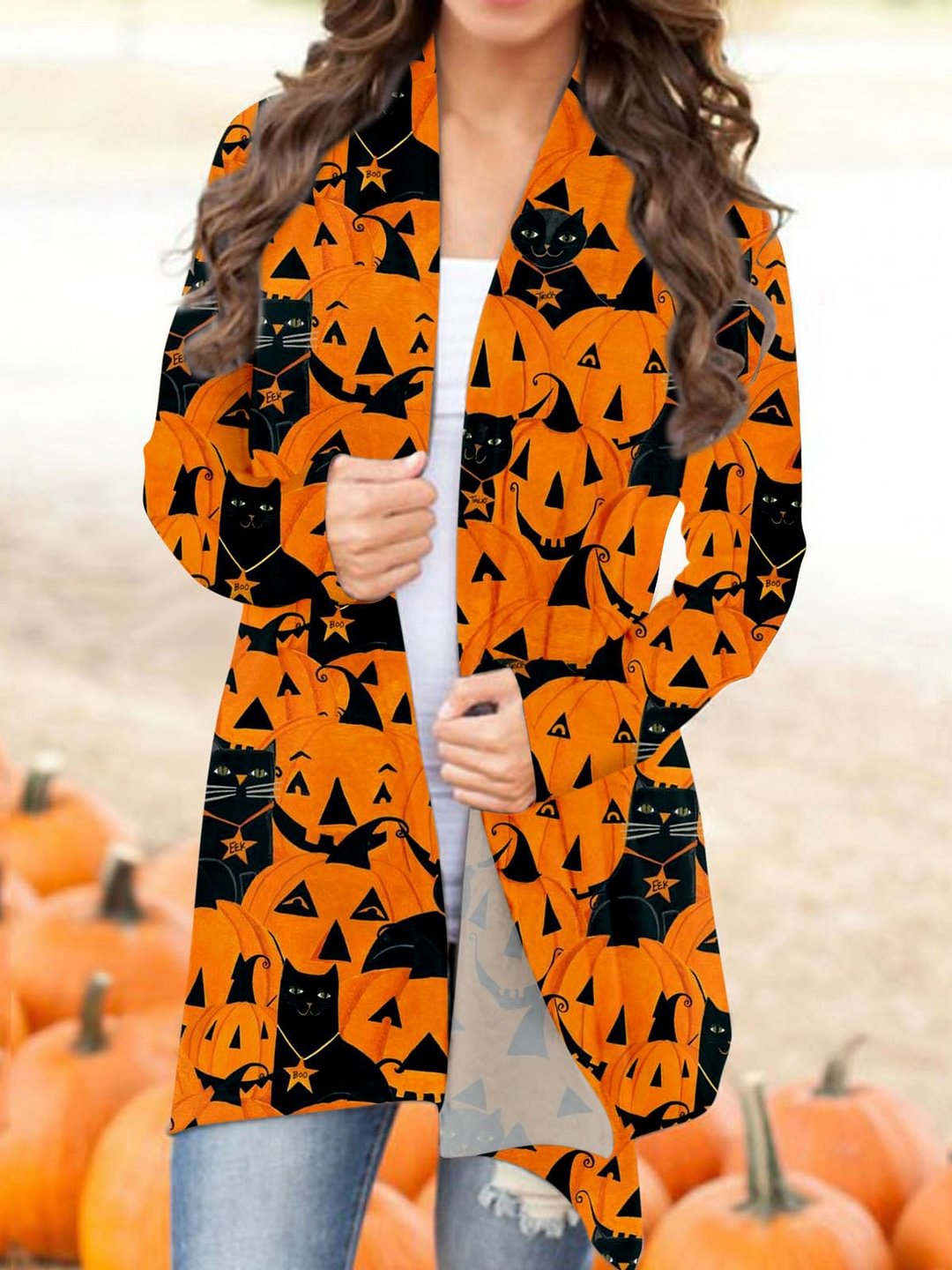 Fleece Pumpkin Grimace Printed Halloween Loose Lapel Cardigan