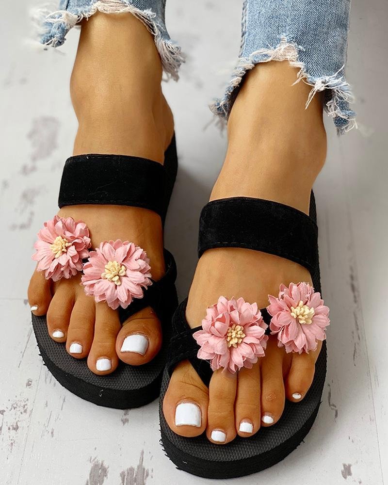 Women's Flower Embellished Toe Ring Casual Sandals-Allyzone-Allyzone