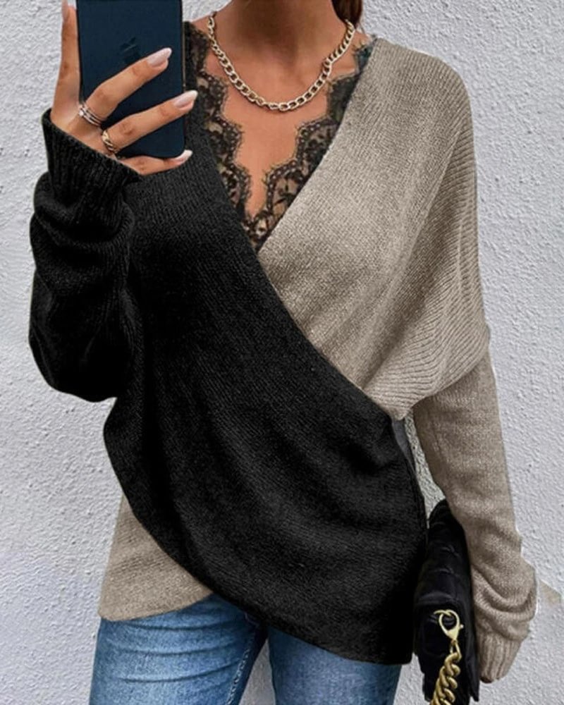 Colorblock Contrast Lace V-Neck Wrap Sweater-Corachic
