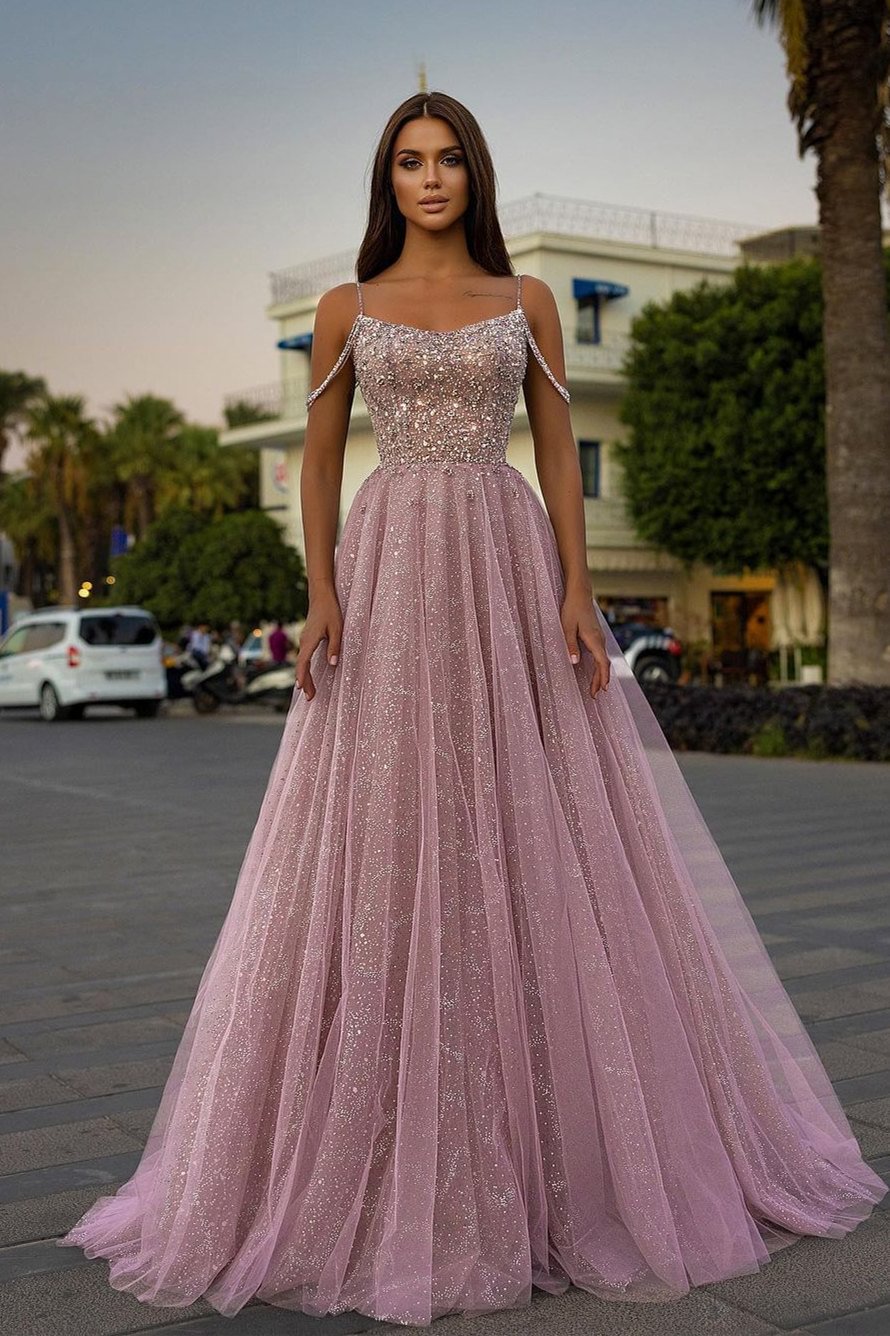 Luluslly Spaghetti-Straps Prom Dress Long With Sequins Beads