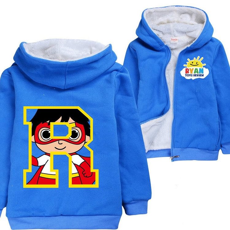Mayoulove Red Titan R Letter Print Boys Fleece Lined Zip Up Winter Cotton Hoodie-Mayoulove