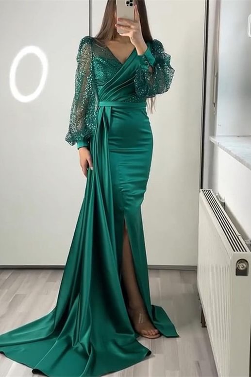 Luluslly Long Sleeves V-Neck  Mermaid Evening Dress Long With Ruffles Sequins