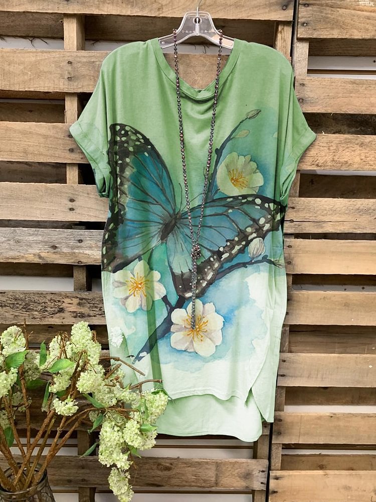 Women's Butterfly Print Casual Round Neck Short Sleeve-Mayoulove