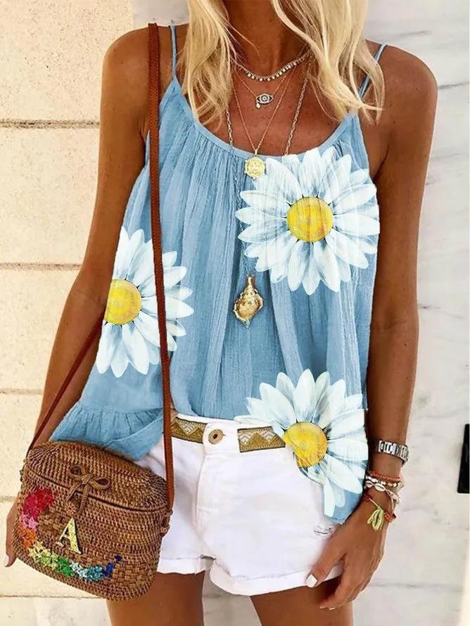 Casual Sleeveless Floral Printed Tank Tops-Mayoulove