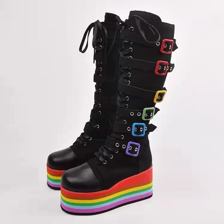 Statement Rainbow Outsole Colorful Buckle Straps Lace Up Platform Boots