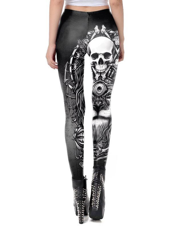 Punk Style Dark Statement 3D Printed Skull Lion High Rise Slim Leggings