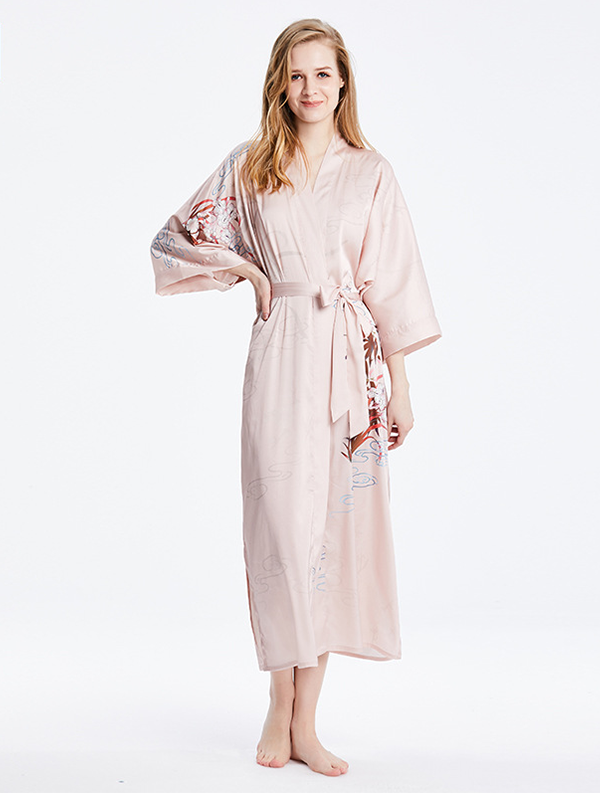 19 MOMME Kimono en soie imprimé floral traditionel rose - grande taille -Soie Plus