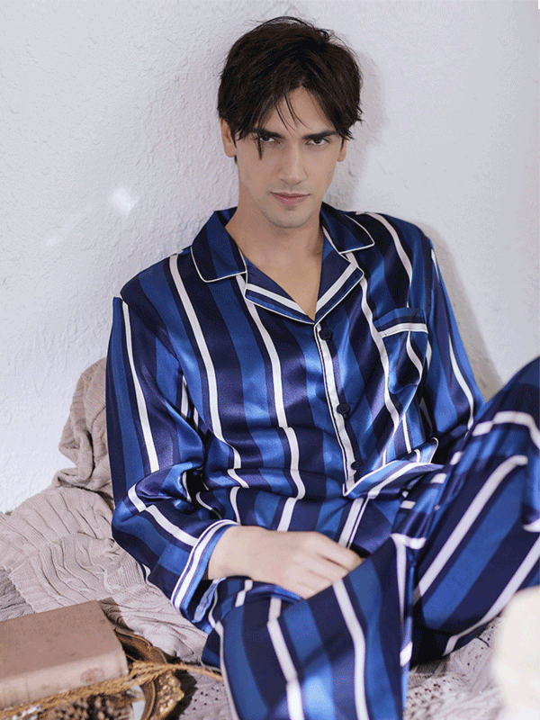 High Quality Blue Stripes Full Length Men's Silk Pajamas