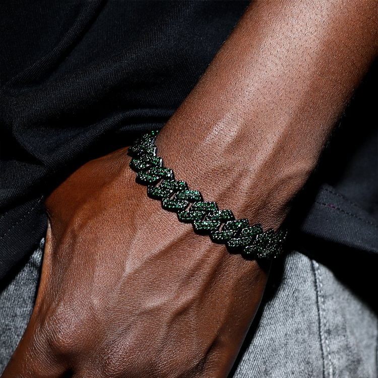 14MM Green Rhinestones Iced Out Chain Cuban Men Bracelet