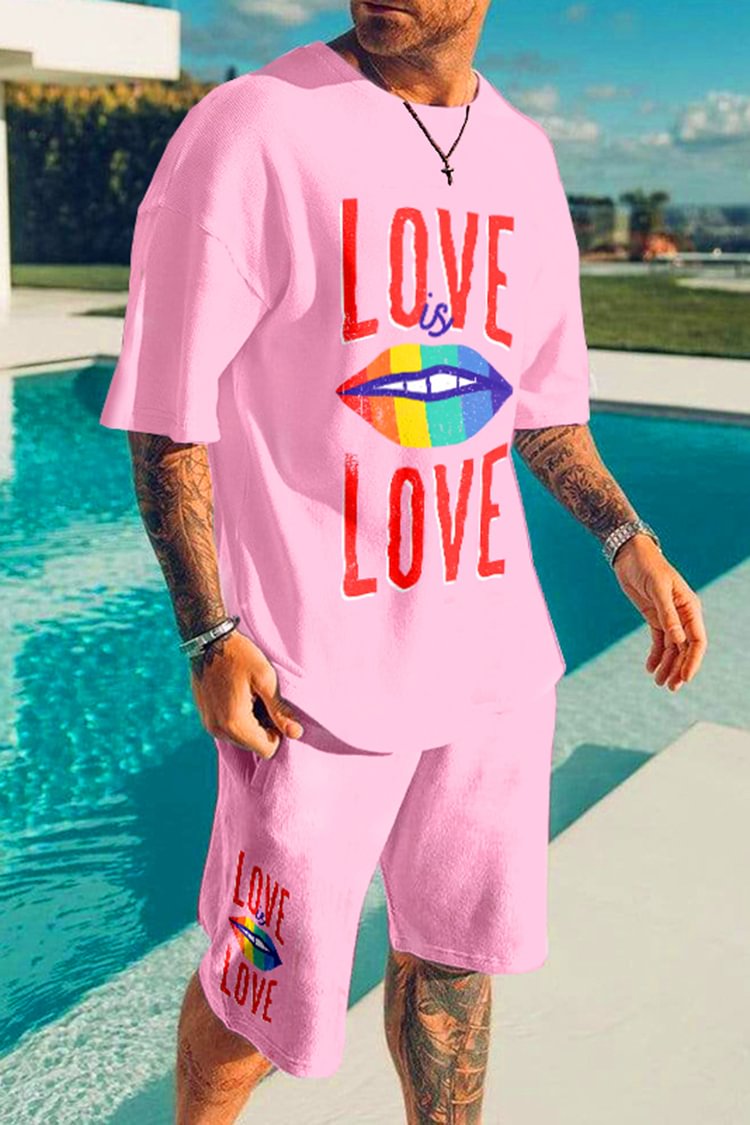 Tiboyz Love Is Love Pink Print T-Shirt And Shorts Two Piece Set