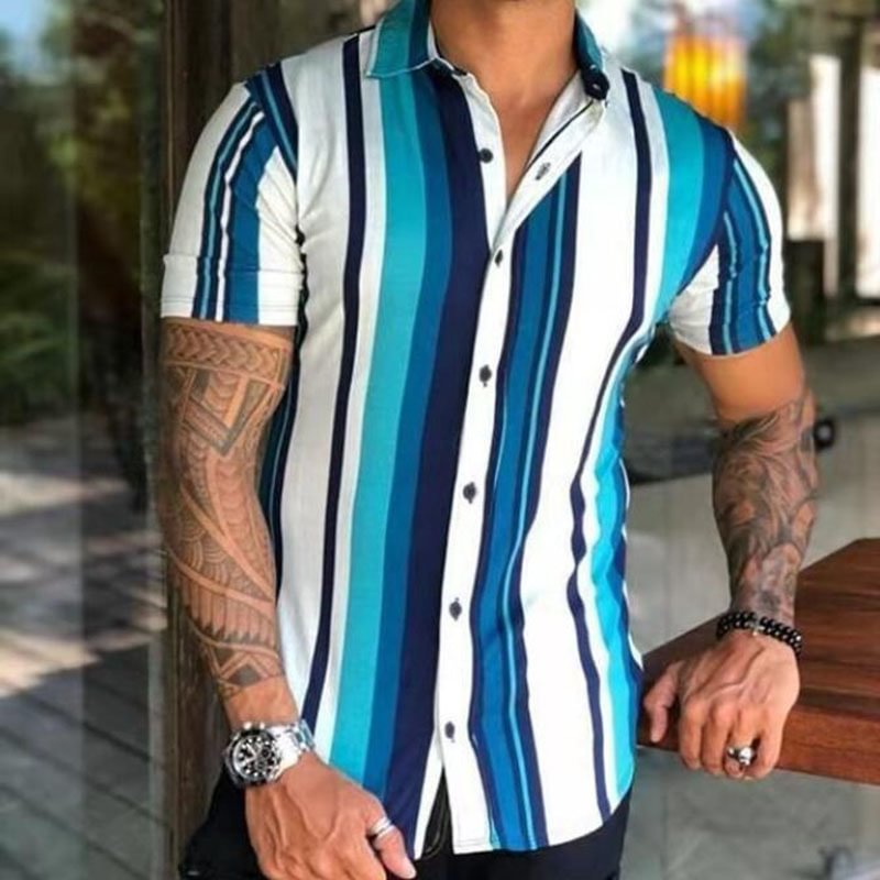 Black/Blue Stripe Print Summer Casual Short-Sleeved Men's Shirts-VESSFUL