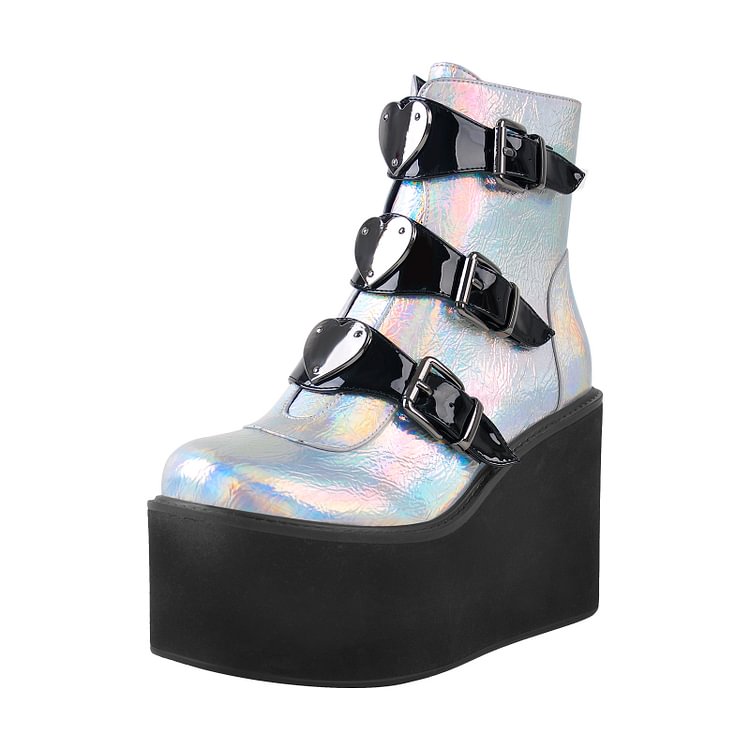 Metal Punk Gothic Strap Sliver Wedge Ankle Booties