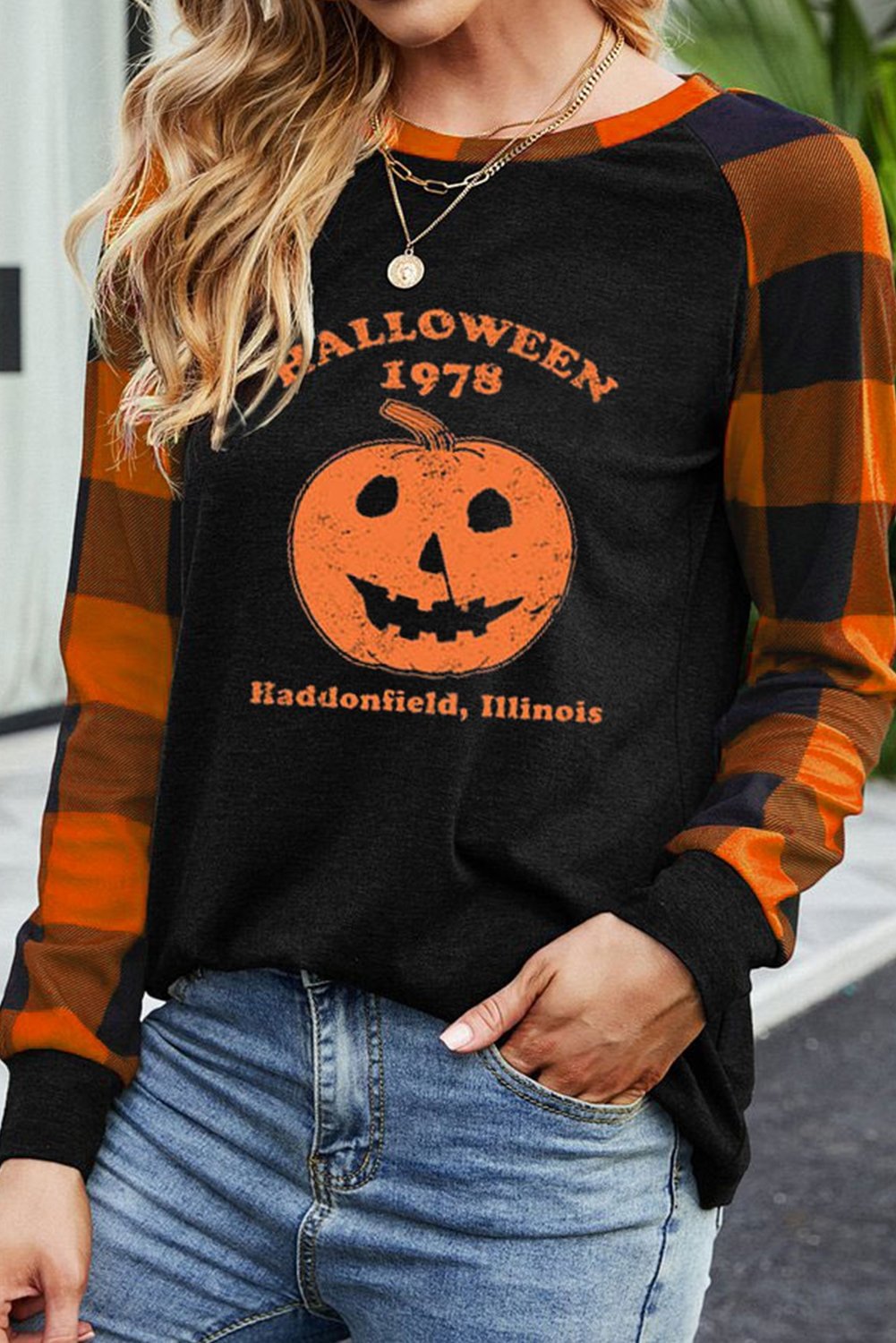 Women's Sweatshirts Plaid Pumpkin Print Sweatshirt