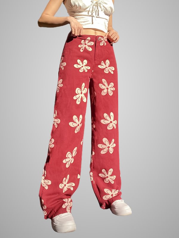 Chic Vintage Floral Printed High-rise Straight Pants
