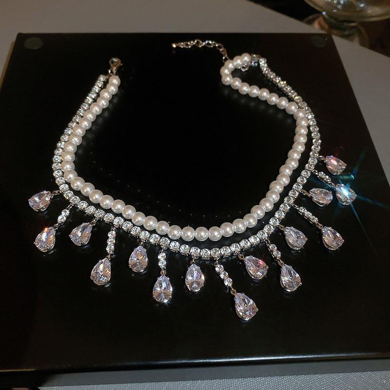 Luxury Pearl Tassel Water Drop Crystal Choker Necklaces for Women-VESSFUL