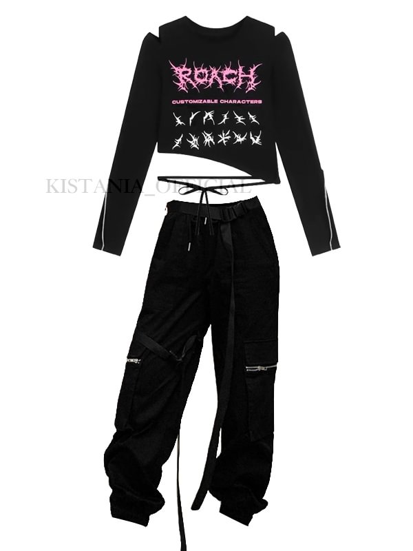 Dark Irregular Tight Long Sleeve Navel T-shirt + Goth Overalls Black Pencil Pants 2 Pieces Sets