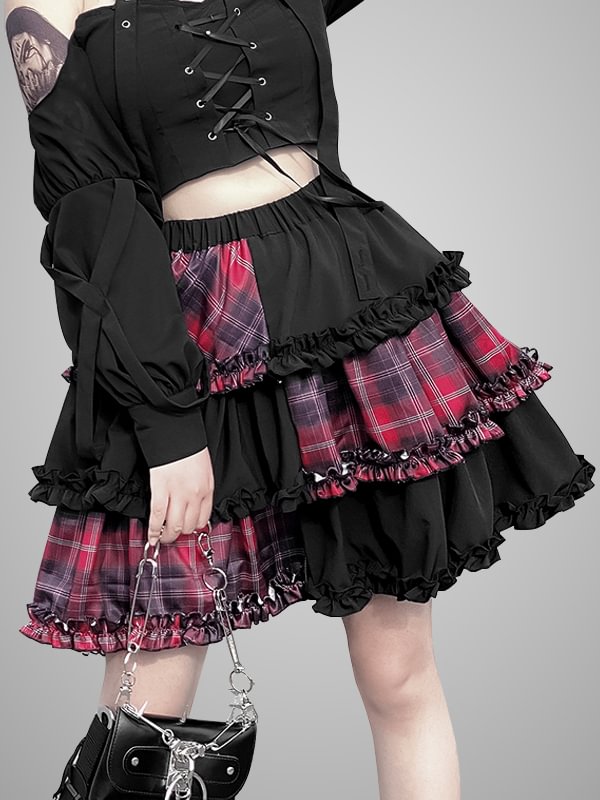 Gothic Dark Punk Style Cosplay Tiered Color-block Paneled A-line Cake Skirt