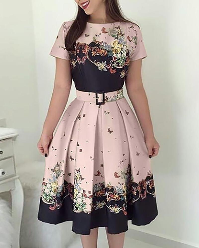 Butterfly Print Short Sleeve Belted Pleated Dress P10383