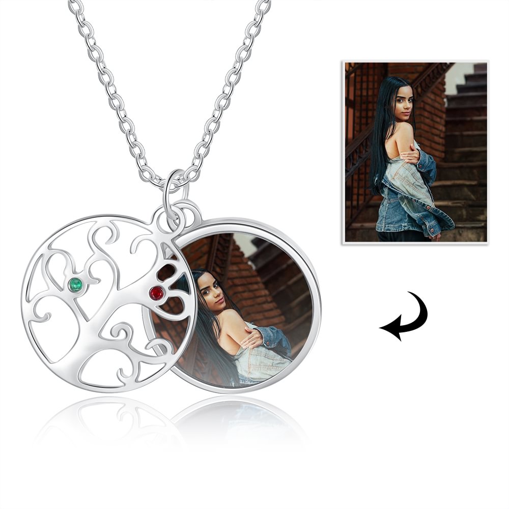 Family Tree Necklace Personalized With 2 Birthstones and Picture Tree Of Life Pendant, Custom Necklace with Pictures Inside
