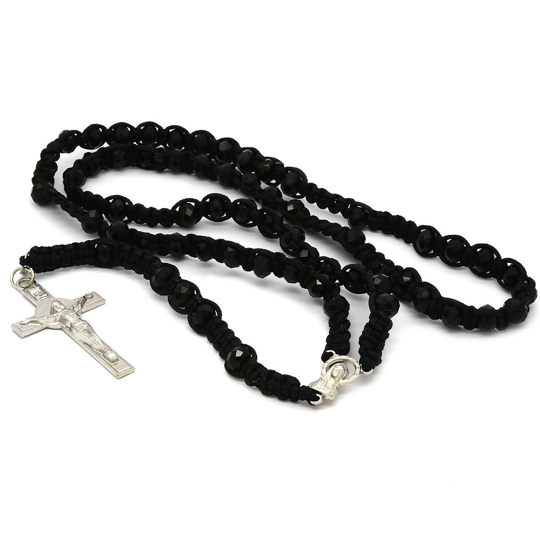 8MM Black Crystal Black Fabric Rosary With Cross Pendant-VESSFUL