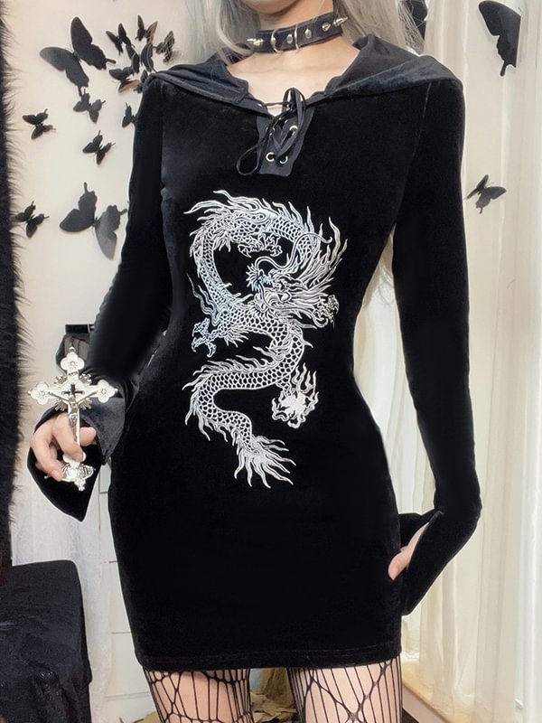 Velvet Dragon Embroidered Zip Up Hooded Bodycon Dress