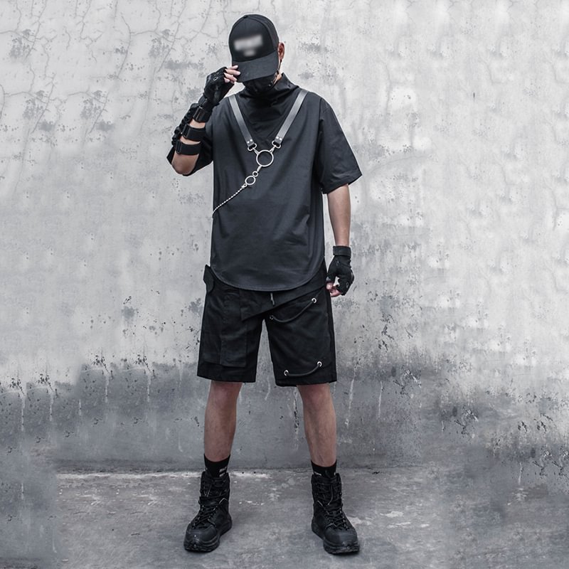 Dark Black Niche Functional Wind Tooling T-shirt Men's Chain Decoration Loose Short-sleeved Top / Techwear Club / Techwear