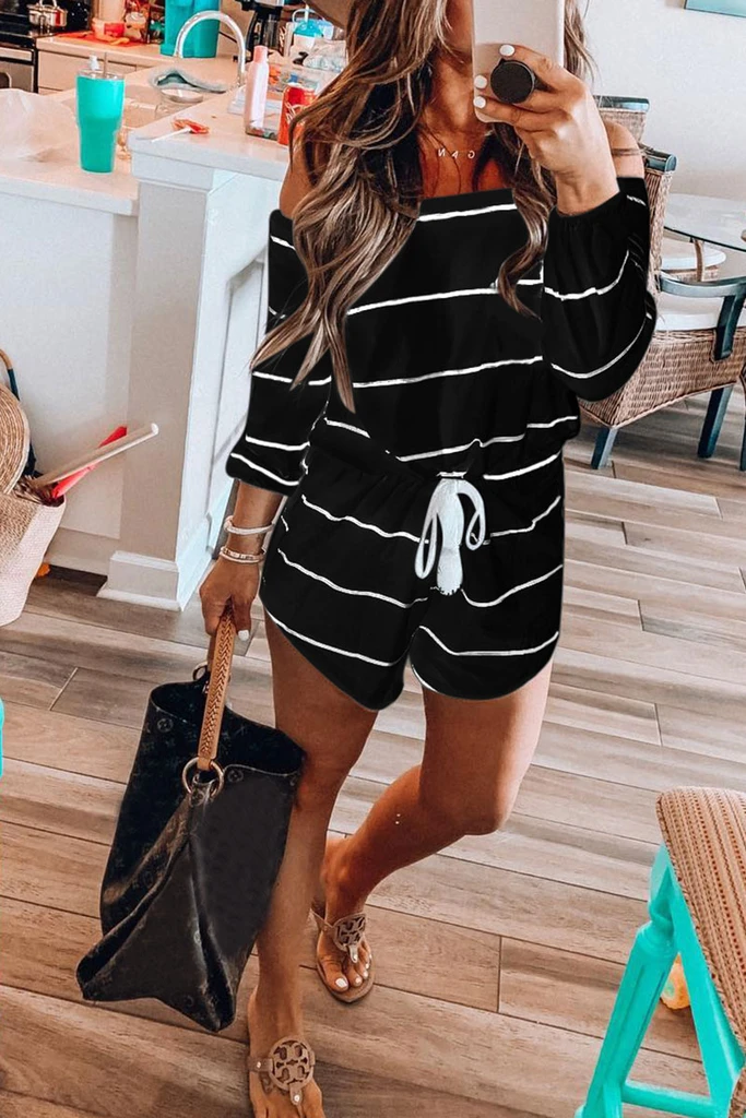 Womens Off The Shoulder Striped Loose One-piece Romper-Allyzone-Allyzone