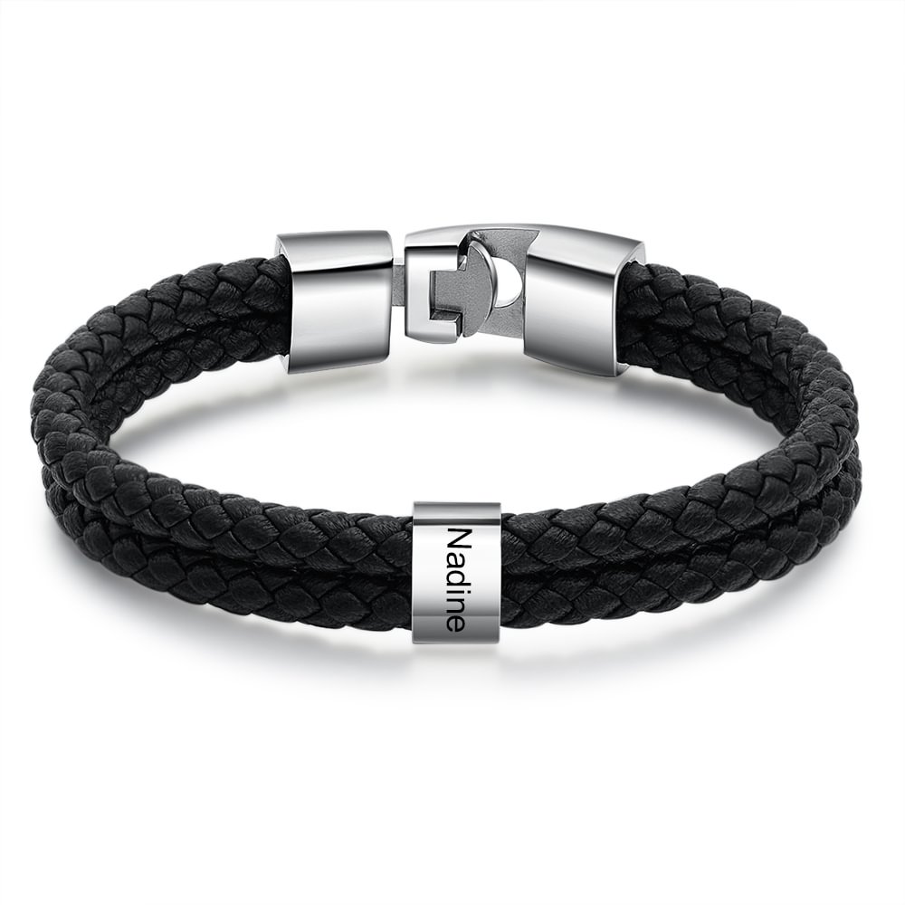 1 Name-Personalized Men's Leather Bracelet Nylon Bracelet with Name Beads