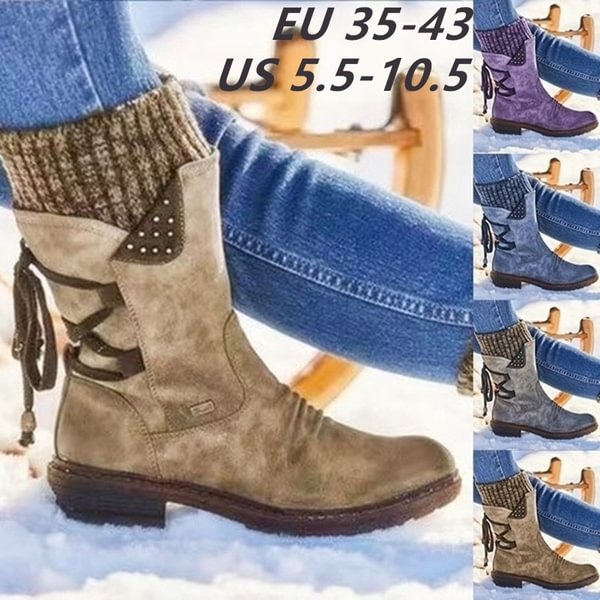 Fashion Women Winter Shoes Flat Heel Solid Color Long Boots Pointed Toe Knee High Ladies Boots Leather Stitching Casual Girl Cute Flats Boot Shoes Outdoor Non-Slip Booties