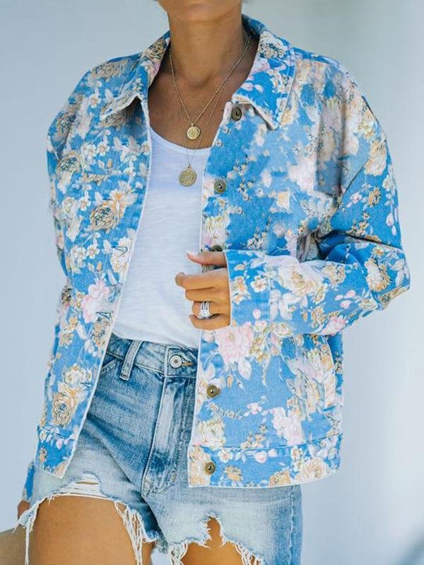 Mayoulove Flowers printed short blue outerwear-Mayoulove