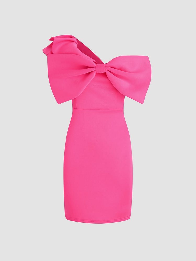 Women's Pink Bow Dress Exaggerated Bow Ruffle Hem Bodycon Dress