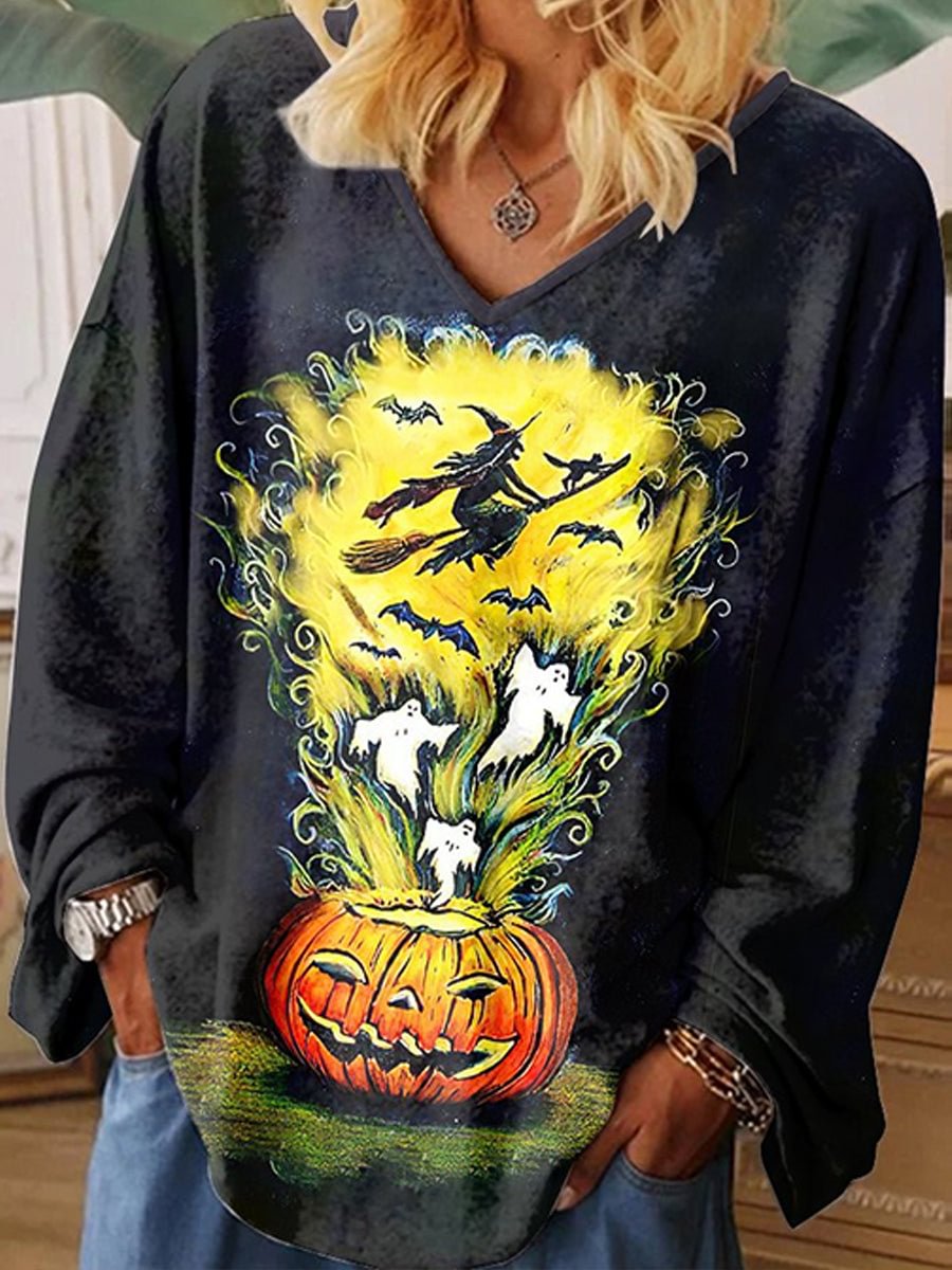 Plus Size Halloween Witch Night Print Top
