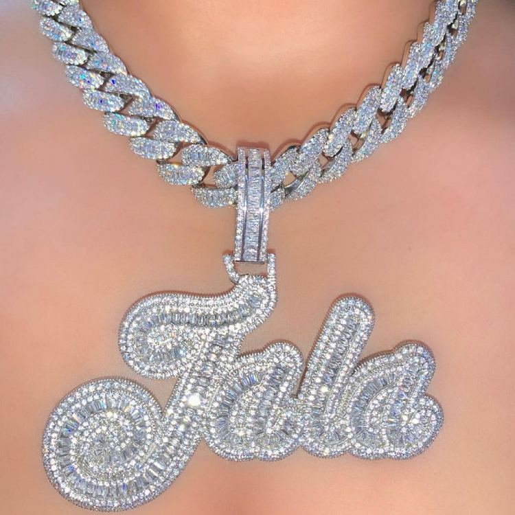 Custom Name Big Chain Iced Out Baguette Cursive Letters Pendant Necklace