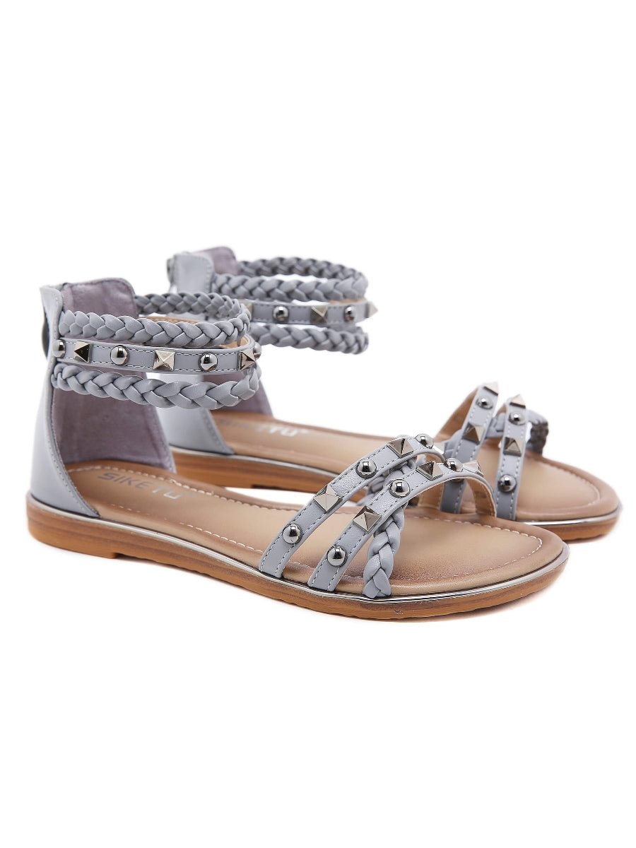 Stud Braided Ankle-Strap Sandals