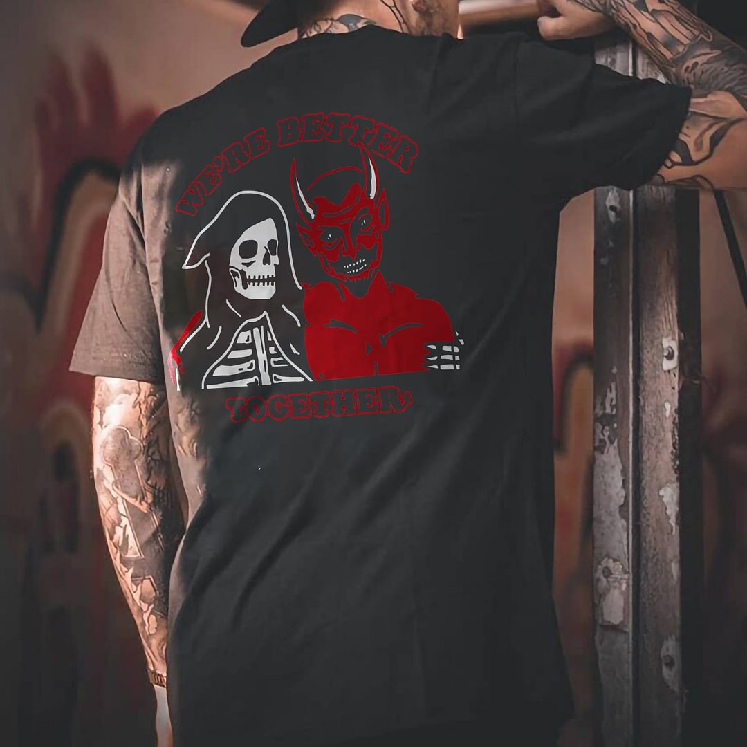 Cloeinc   We're Better Together Skull And Horn Devil Print T-shirt - Cloeinc