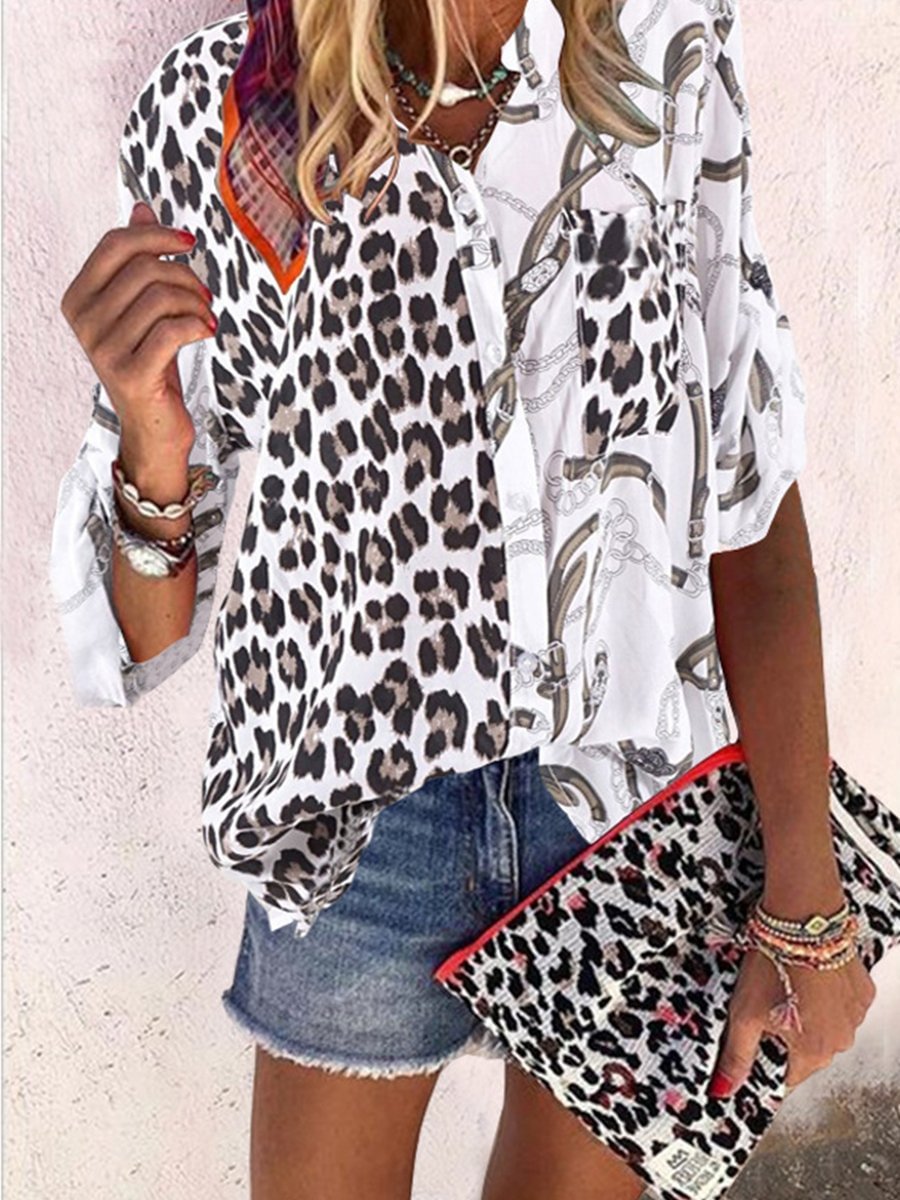 Elegant Print Leopard Buckle Shirt Collar Tops P11395