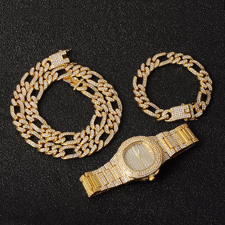 13MM 3pcs Iced Out Watch+Figaro Link Chain+Bracelet Gold Silver Jewelry Set