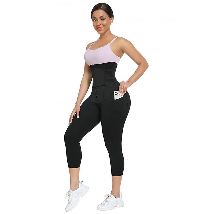  2 In 1 PU Coated Lining Single Waistband Neoprene Waist Trainer Leggings