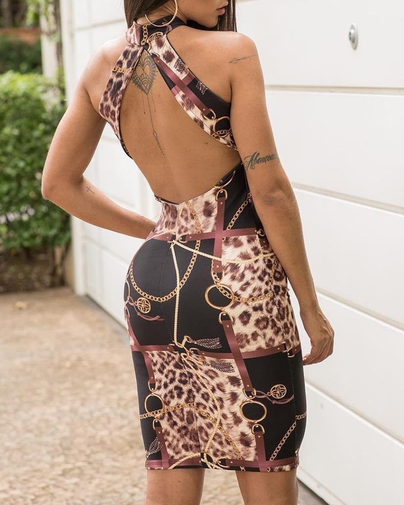 Chain Leopard Print Backless Bodycon Dress-Corachic