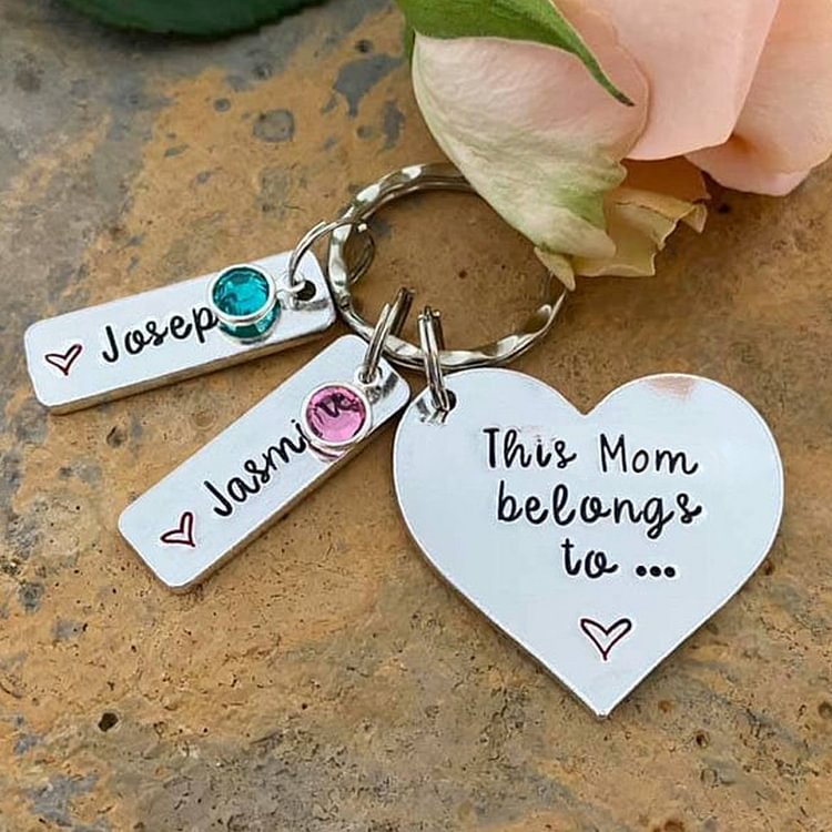 Personalized Keychain With Engraved 2 Names and 2 Birthstone Crystals - Mother's Day Gift