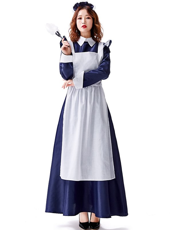 Halloween Festival Costumes Maid Outfit Cosplay Vintage Blue Long Dress with Ruffles Holidays Costumes