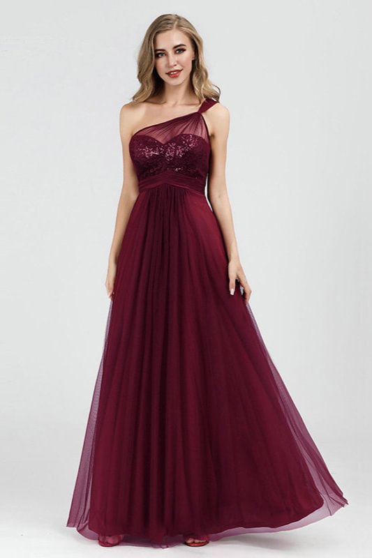 Stunning One Shoulder Burgundy Prom Dress Tulle Sequins Evening Party Gowns
