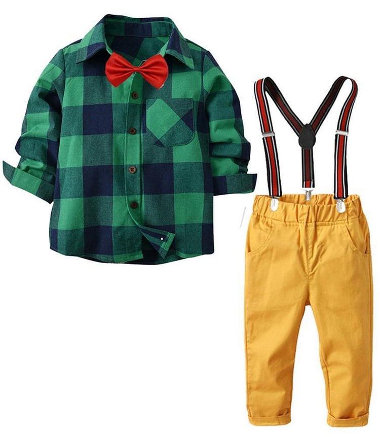 Green Cotton Shirt With Bow Tie And Yellow Suspender Pants Boys Outfit-Mayoulove