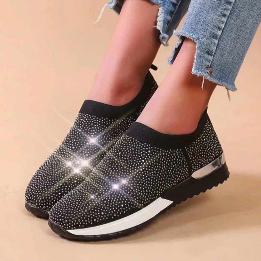 Women's Rhinestone Scok Sneakers, Bling Slip on Tennis Shoes